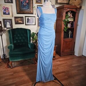 Azazie Sky Blue Ruched Mesh Sleeveless Open Back Formal Evening Gown Dress